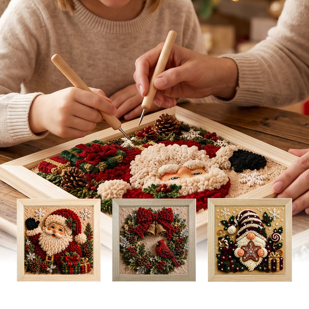 Kit tableau 3D de Noël en tissu : création en cours et les 3 motifs